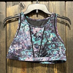 Fabletics Milda Sports Bra L Hole-y‎ Moley Blue Black High Neck Mesh Stretch Gym